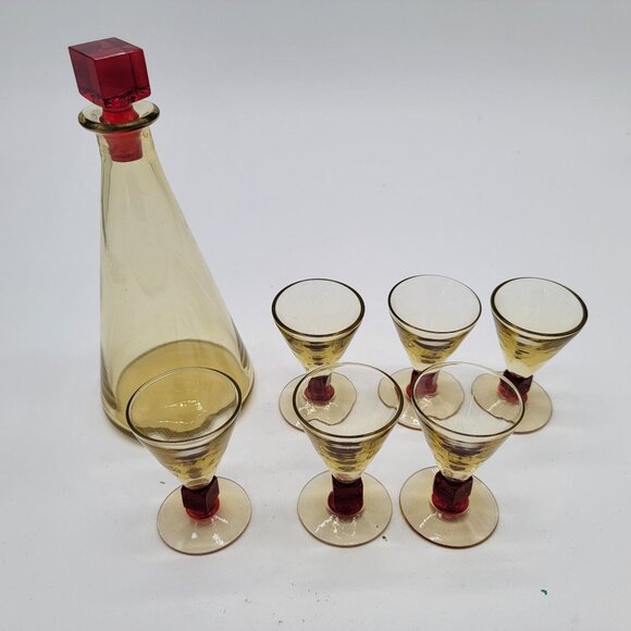 Mid Century Amberina Glass Decanter Set with Glasses - Picture 1 of 7